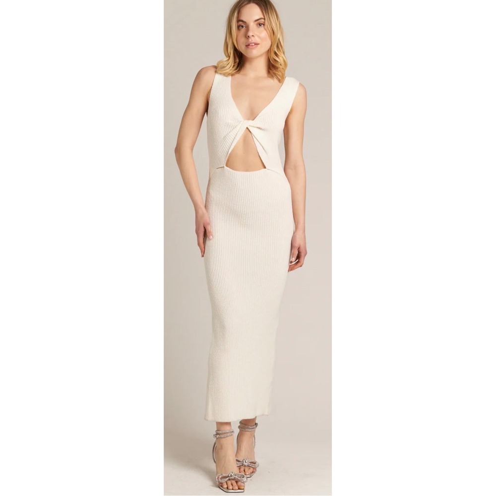 En Creme Cream Ribbed Knit Twist Front Cutout Sleeveless Midi Dress Medium NEW